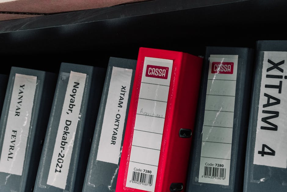 Color-coded office binders organized neatly in a storage shelf, featuring labels and a striking red binder.